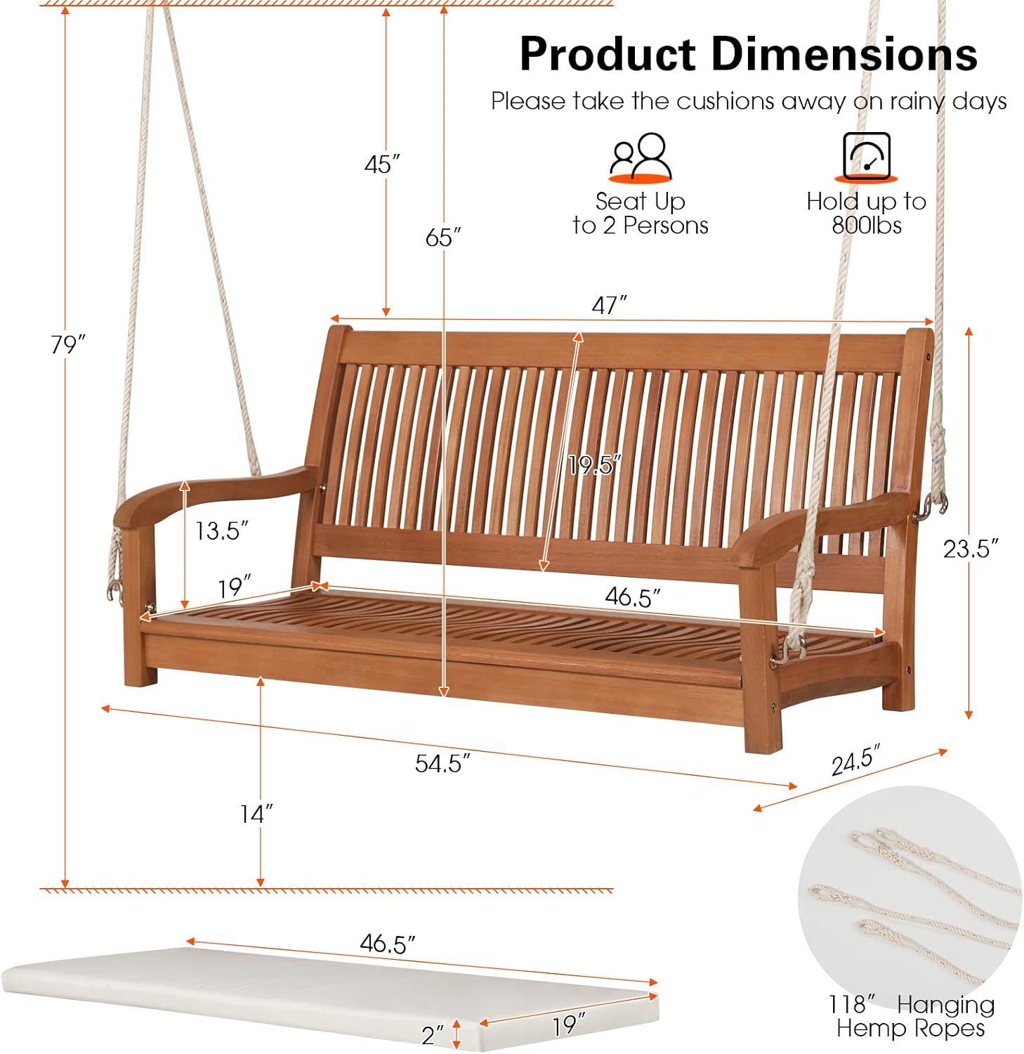 Tangkula 2 Person Hanging Porch Swing, Outdoor Bench Swing with Hanging Ropes, High Back, Cozy Armrests, Heavy Duty 800Lbs Wooden Hanging Swing Chair with Cushion for Backyard, Deck, Garden Natural