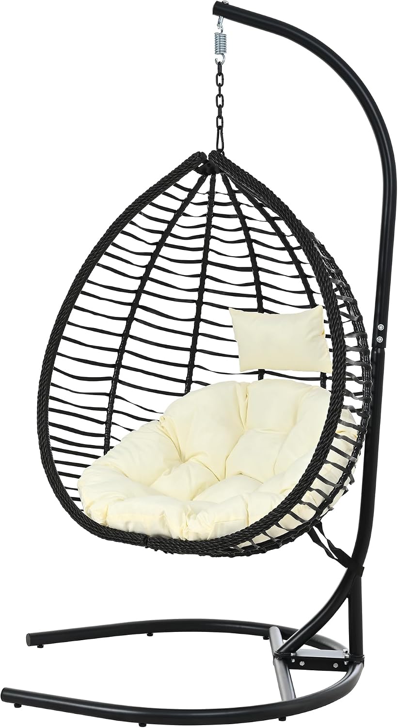 Qwork Hanging Egg Chair with Stand, Modern Foldable Wicker Swing Chair, Deep Seat Hammock with Creamy Beige Cushion, 330lbs Heavy Duty for Living Room, Bedroom, Patio (Black Frame + Beige Cushion)