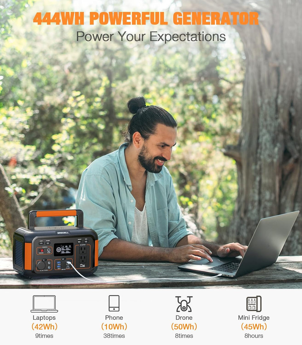 GRECELL Solar Generator 500W Portable Power Station 444Wh Solar Powered Generator 110V (1000W Peak) Pure Sine Wave AC Outlet PD 60W Fast Charge for Camping Outdoor Home Use Emergency Backup Trip RV