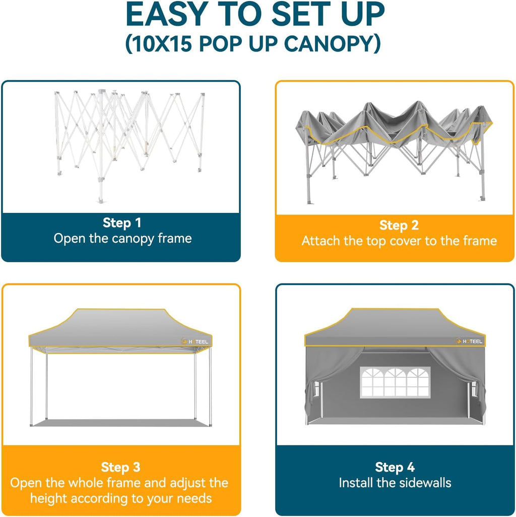 Hoteel 10x15 Pop Up Canopy Tent Heavy Duty with 4 Sidewalls, Waterproof Party Tent, Easy Set-up Commercial Instant Tents with Roller Bag & Sandbags, Hexagonal Leg (1-Year Warranty)