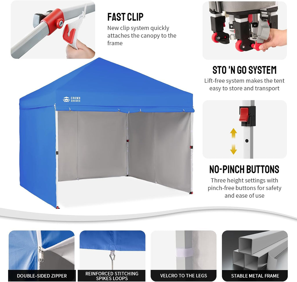 CROWN SHADES 10X10 Commercial Instant Canopy Pop Up Tent with Center Lock, 300D Fabric, 4 Sidewalls, Sto'N Go Bag, Blue