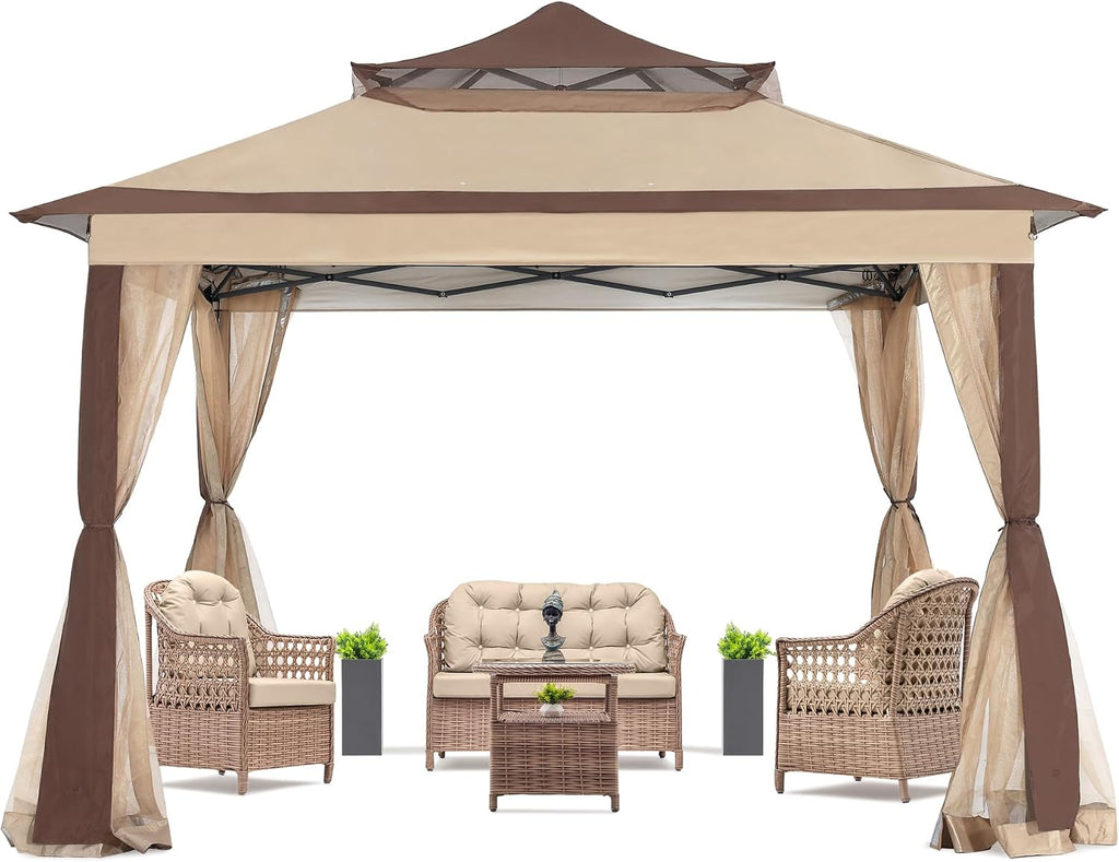 COOSHADE 11x11 Pop Up Gazebo Tent Outdoor Canopy Patio Shelter with Mosquito Netting(Beige)