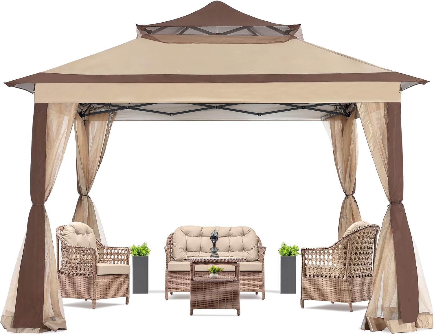 COOSHADE 11x11 Pop Up Gazebo Tent Outdoor Canopy Patio Shelter with Mosquito Netting(Beige)