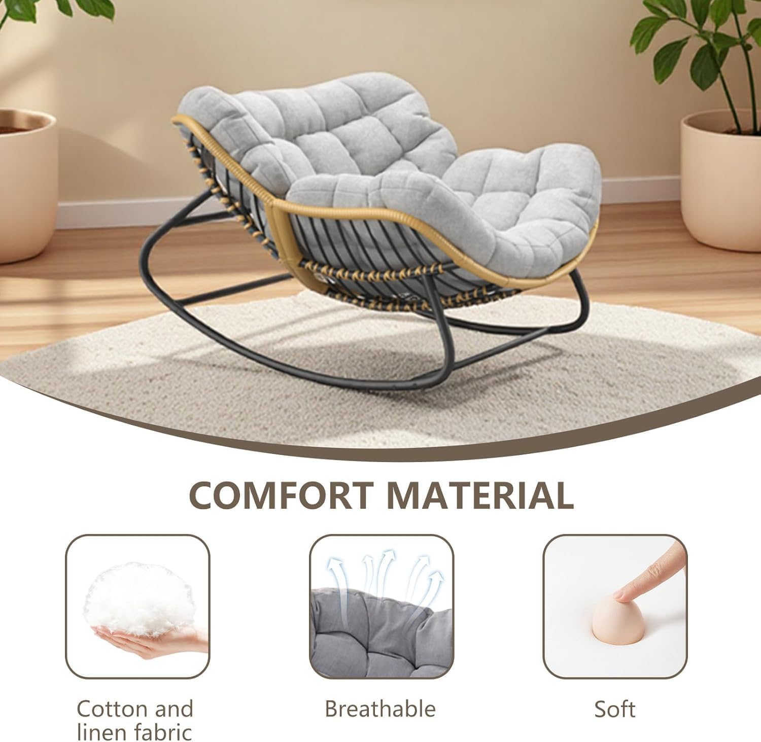 Oversized Papasan Rocking Chair with Extra Thick Cushion, Rattan Wicker Egg Chair for Indoor & Outdoor Use – Cozy Swivel Lounge Chair for Patio, Living Room, Bedroom, or Porch, Grey