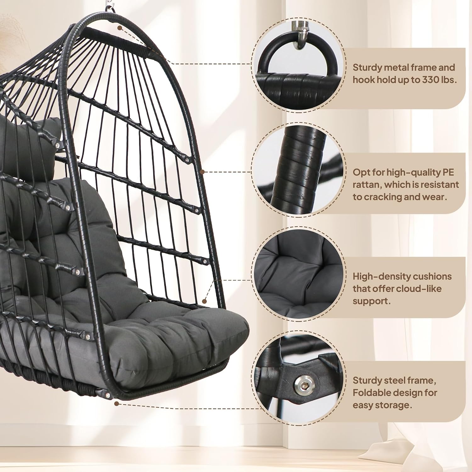 Chihee Egg Chair with Ultra Strong Stand and Cushion Foldable Wicker Rattan Hanging Chair Indoor Outdoor Patio Lounging Chair 330 lbs Capacity Balcony Porch Bedroom Garden