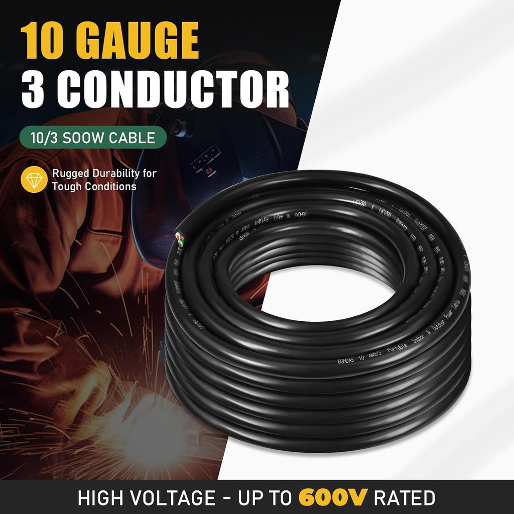 200ft 10/3 10 AWG Portable Power Cable (3 Conductor) - SOOW 600V 10 Gauge Electric Wire for Generator, Portable Lights, RV/EV Car Battery Chargers and Machinery - 200 Feet Electrical Cord