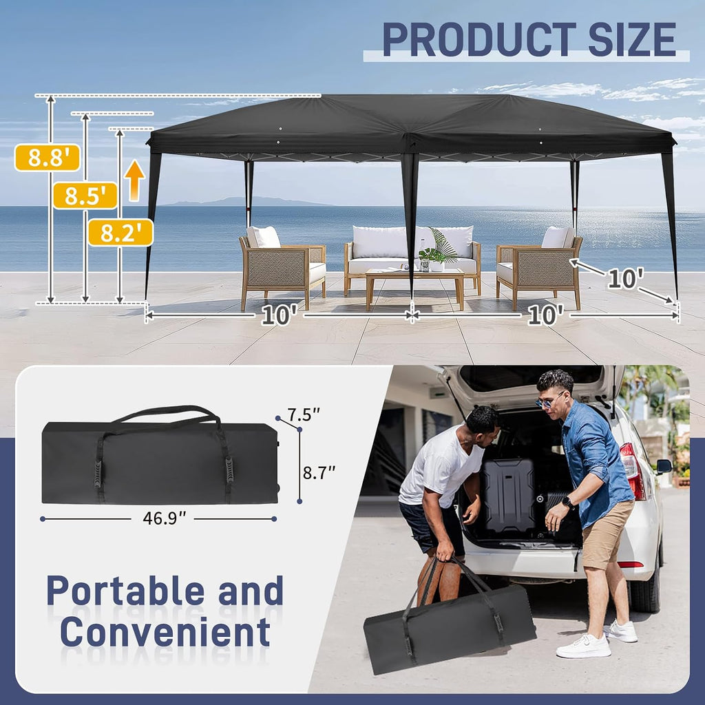 VINGLI 10'x20' Pop Up Canopy Tent with Carry Bag, Portable Instant Party Tent Waterproof Outdoor Canopy for Outdoor Events, Party, Wedding (Black)