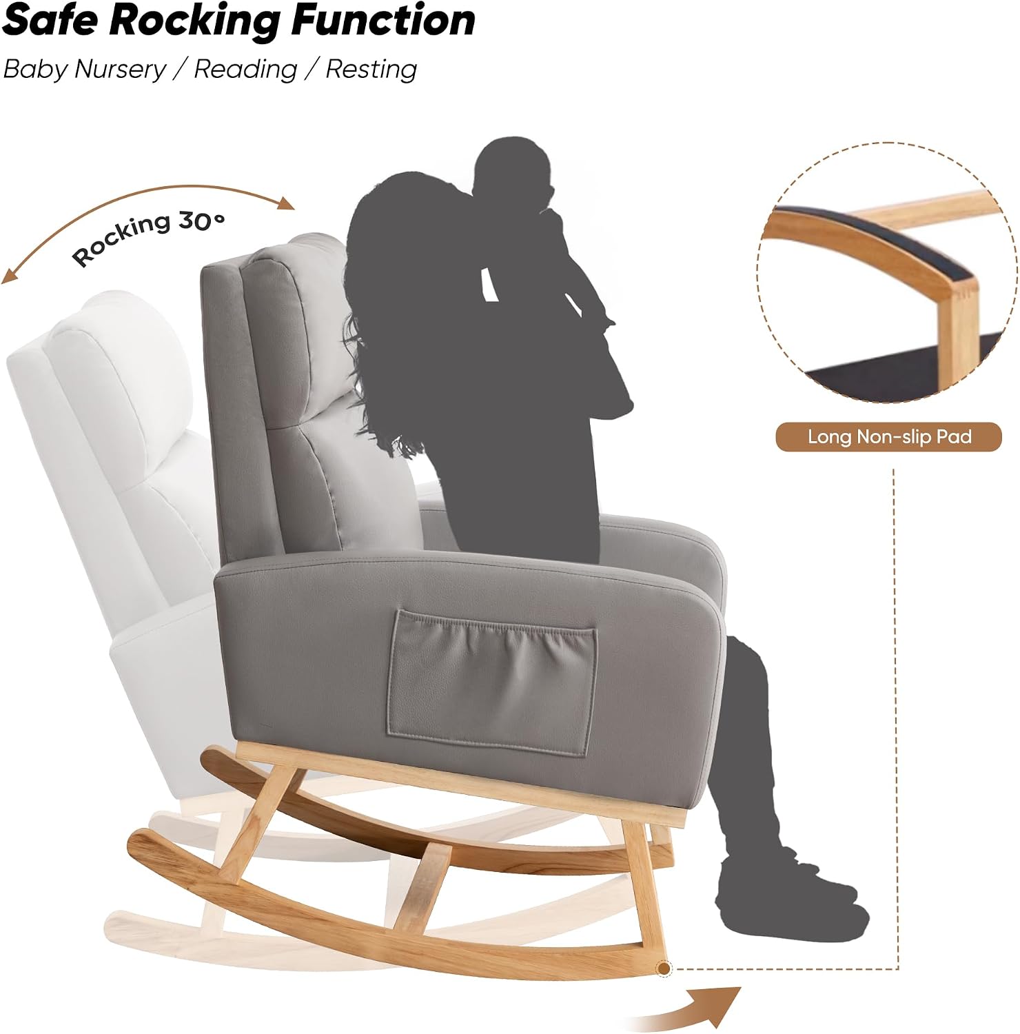 HCHAIRH Rocking Chair Nursery, Leather Nursing Rocking Chairs, Upholstered Nursery Glider Rocker for Mom Nursery Morden Accent Rocking Chair with Side Pocket for Living Room,Bedroom, PU Grey