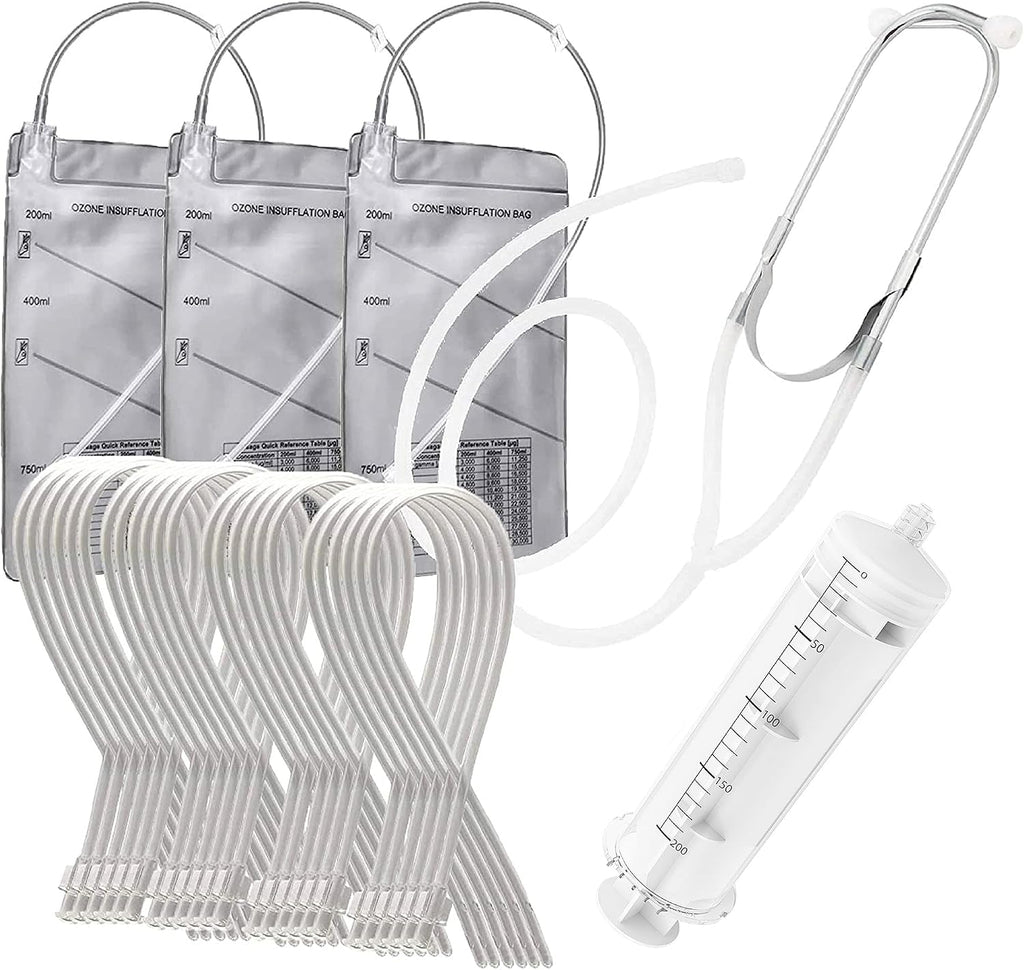 25-Piece Ozone Therapy Set - Ozone-Resistant Luer Lock Applicators (20 Pack), Earscope, Syringe, & 3-Chambered Insufflation Bag (3 Pack) - Compatible with Ozone Generator or Female Luer Lock