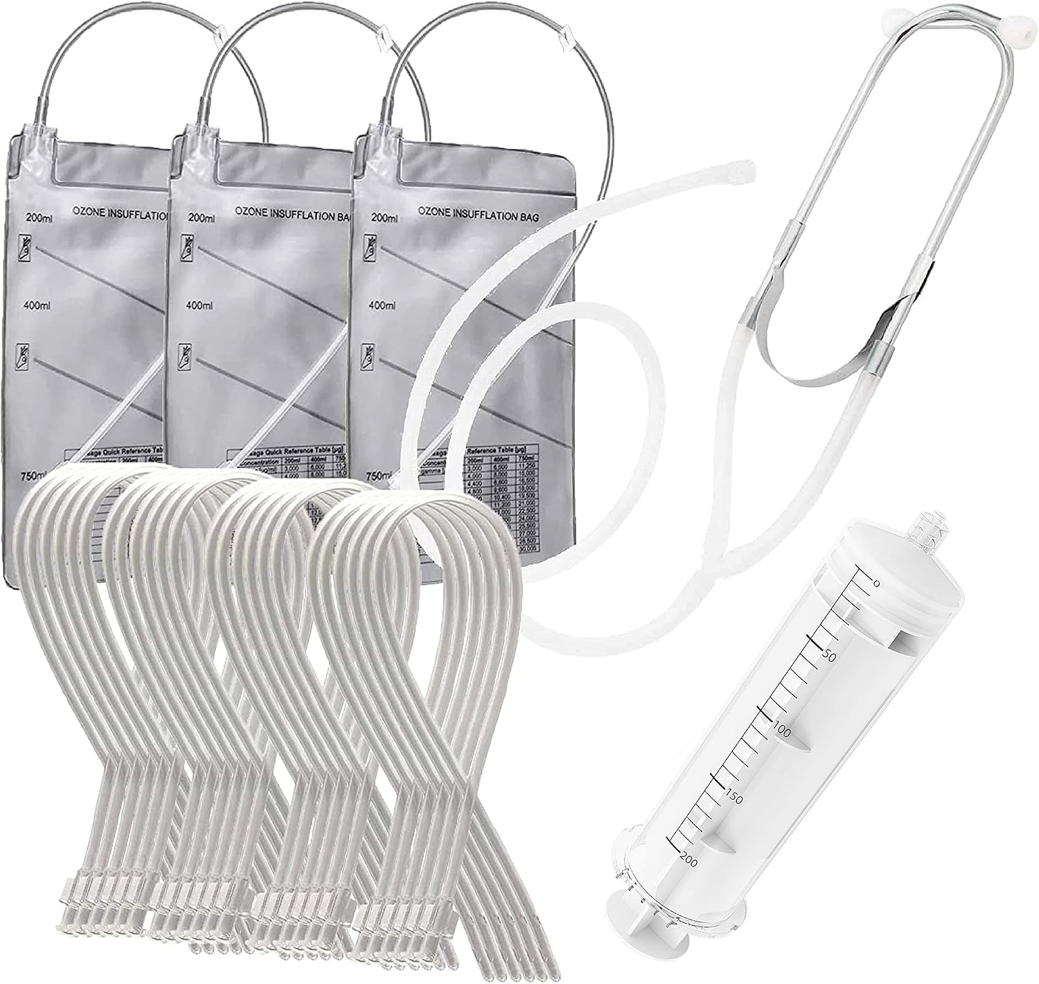 25-Piece Ozone Therapy Set - Ozone-Resistant Luer Lock Applicators (20 Pack), Earscope, Syringe, & 3-Chambered Insufflation Bag (3 Pack) - Compatible with Ozone Generator or Female Luer Lock