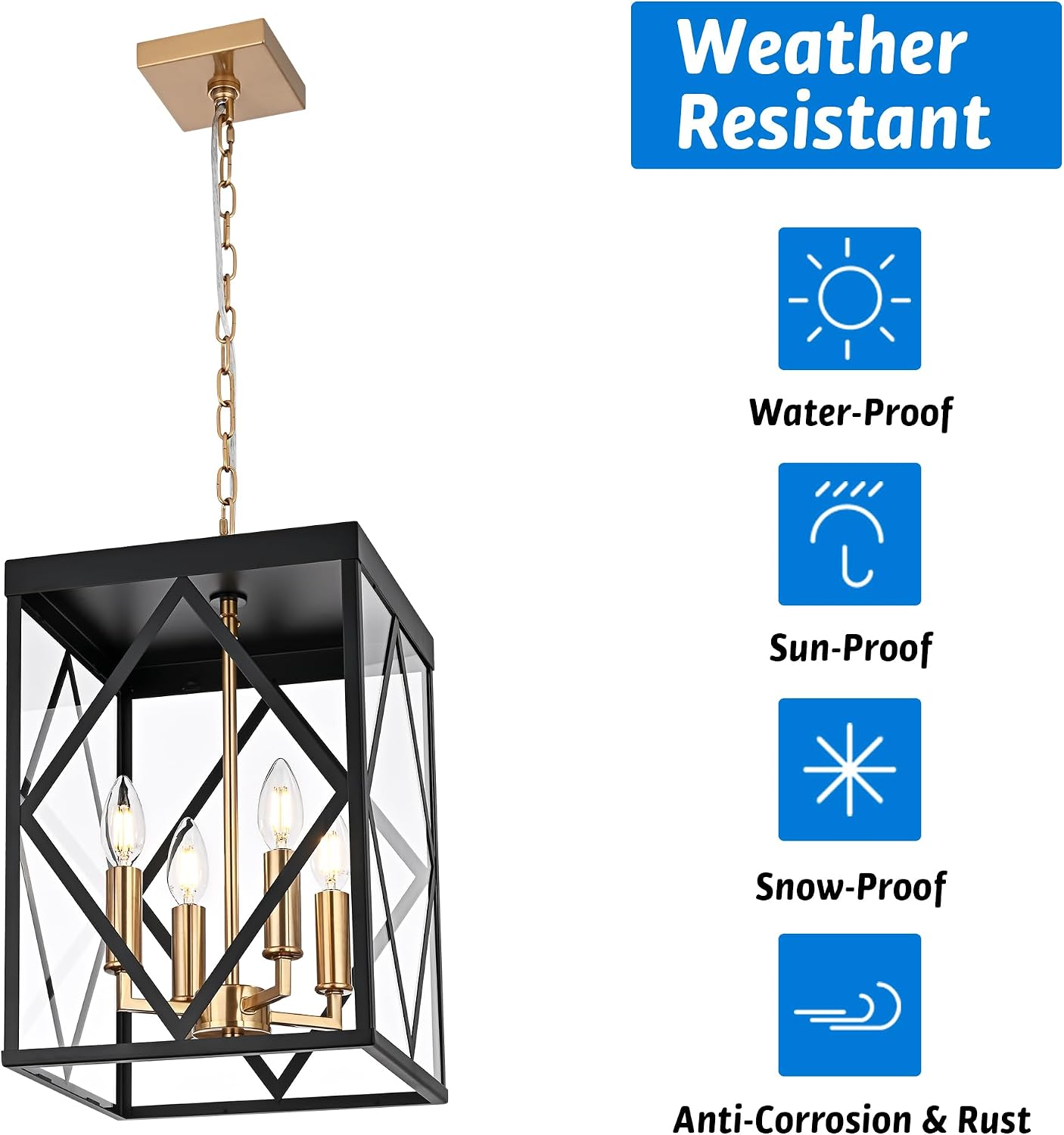 Outdoor Pendant Light for Porch, 4-Light Modern Metal Exterior Hanging Lantern Pendant Light Outside Chandelier Black with Clear Glass or Front Porch Entrance Foyer Entryway, Brass Socket