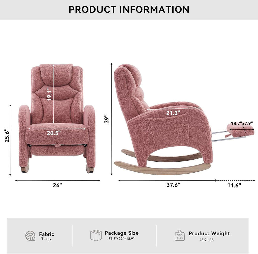 FOXHUNTER Rocking Chair Nursery, Modern Glider Chair with Adjustable Footrest and Solid Wood Legs, High Backrest Nursery Chair with Side Pocket, Rocker Armchair for Living Room Bedroom, Teddy Pink
