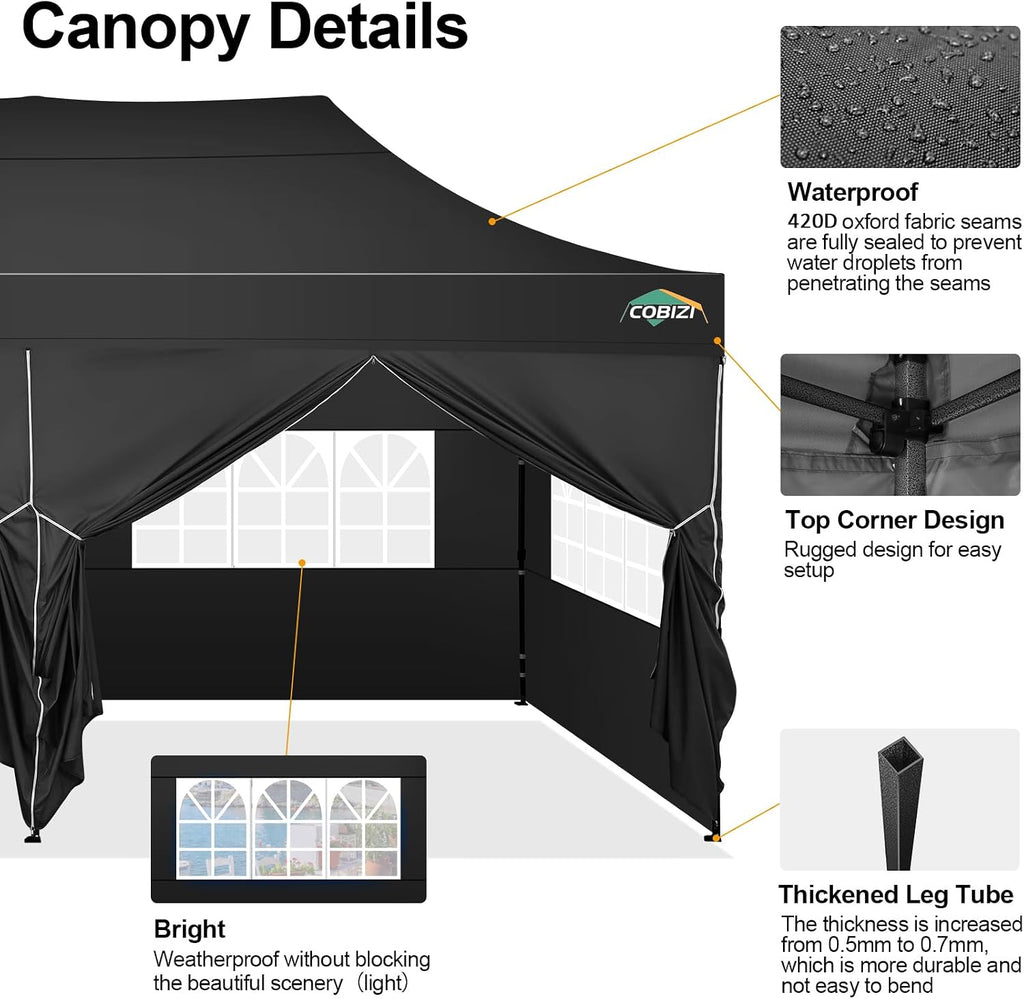 COBIZI 10x20 Pop up Canopy Tent 10x20 Canopy with 6 Sidewalls Waterproof Heavy Duty Commercial Canopy Tent for Parties Outdoor Garden Gazebo, Carry Bag with Wheel(10x20ft, Black)