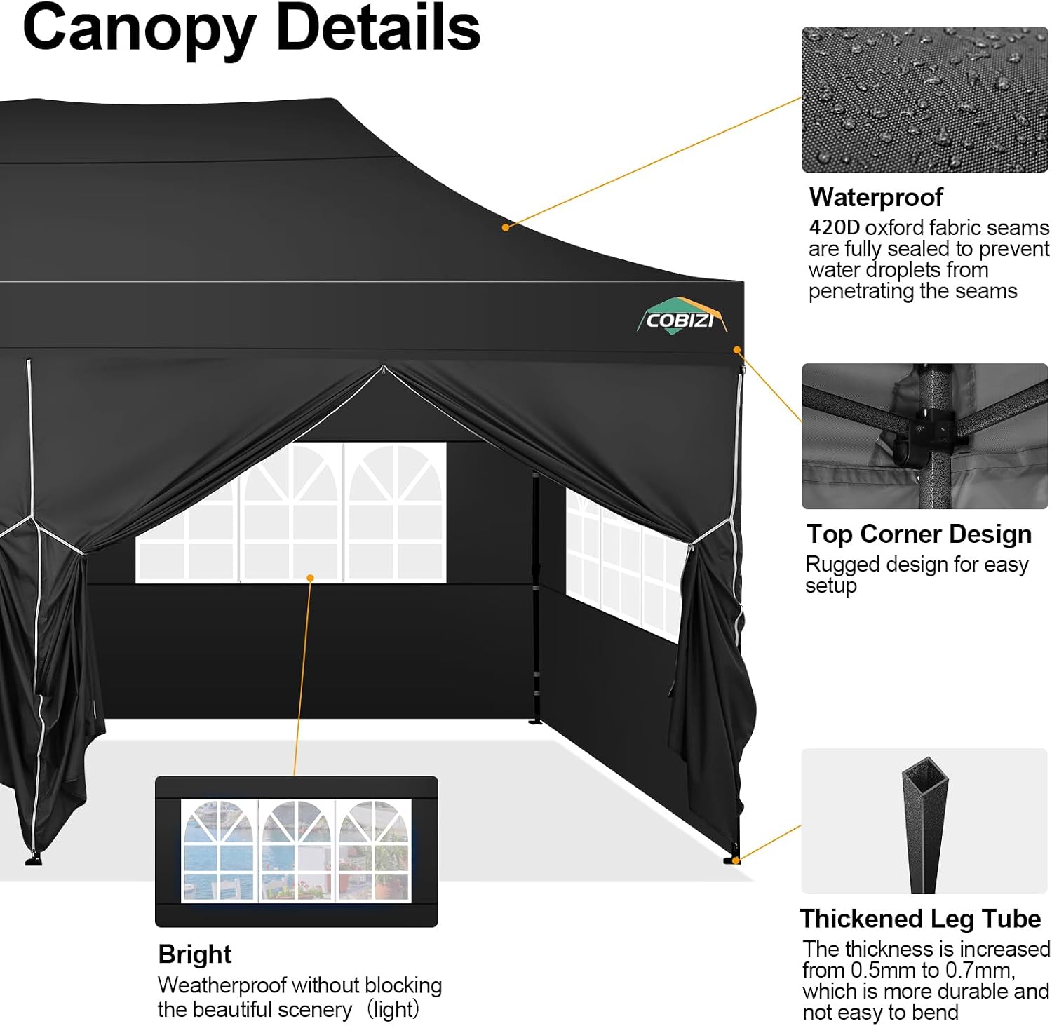 COBIZI 10x20 Pop up Canopy Tent 10x20 Canopy with 6 Sidewalls Waterproof Heavy Duty Commercial Canopy Tent for Parties Outdoor Garden Gazebo, Carry Bag with Wheel(10x20ft, Black)