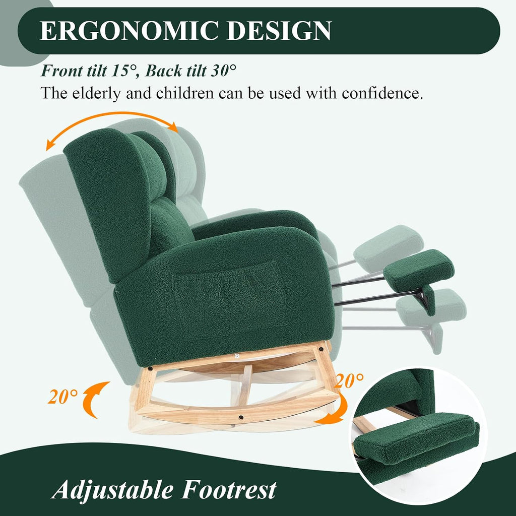 NIOIIKIT Nursery Rocking Chair with Footrest, Teddy Upholstered Glider Chair, Nursery Gliding Recliner with Side Pocket, Glider Rocker for Living Room (Green Teddy)