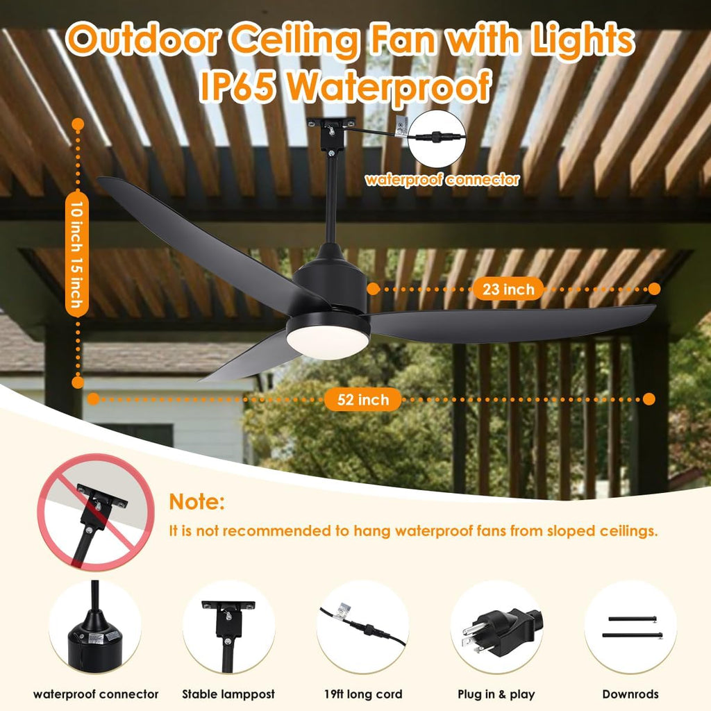52 inch Outdoor Ceiling Fan with Lights,IP65 Waterproof Gazebo Fan with Remote, Farmhouse Rustic Ceiling Fans,Plug in Hanging Ceiling Fan with 3CCT 6-Speeds for Patio Porch Pergola