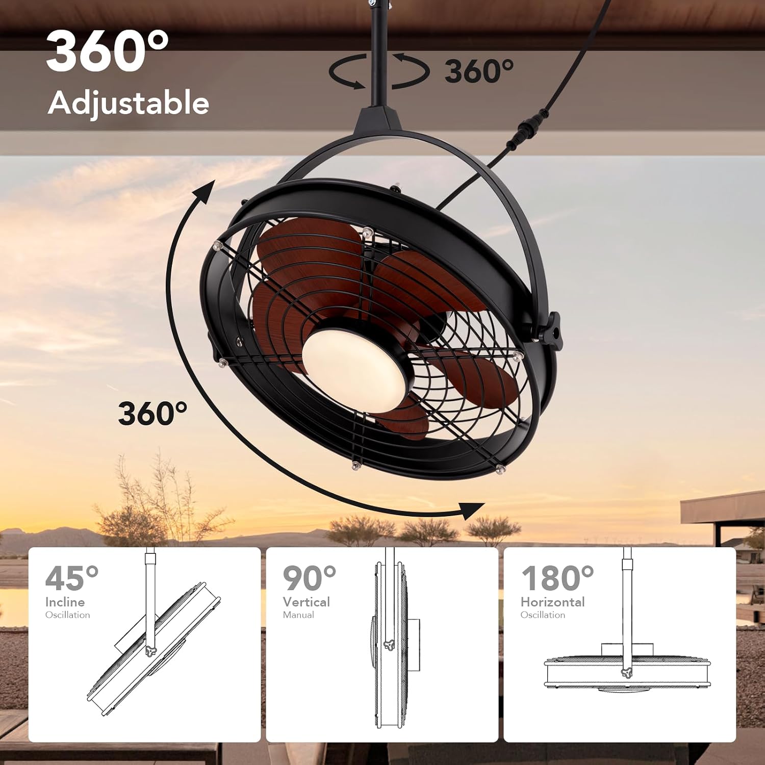25 Inch Outdoor Ceiling Fan with Lights and Remote, Waterproof Gazebo Hanging Fan with 3CCT Dimmable, Black Plug in Caged Ceiling Fan for Patios Porch Pergola,Canopy