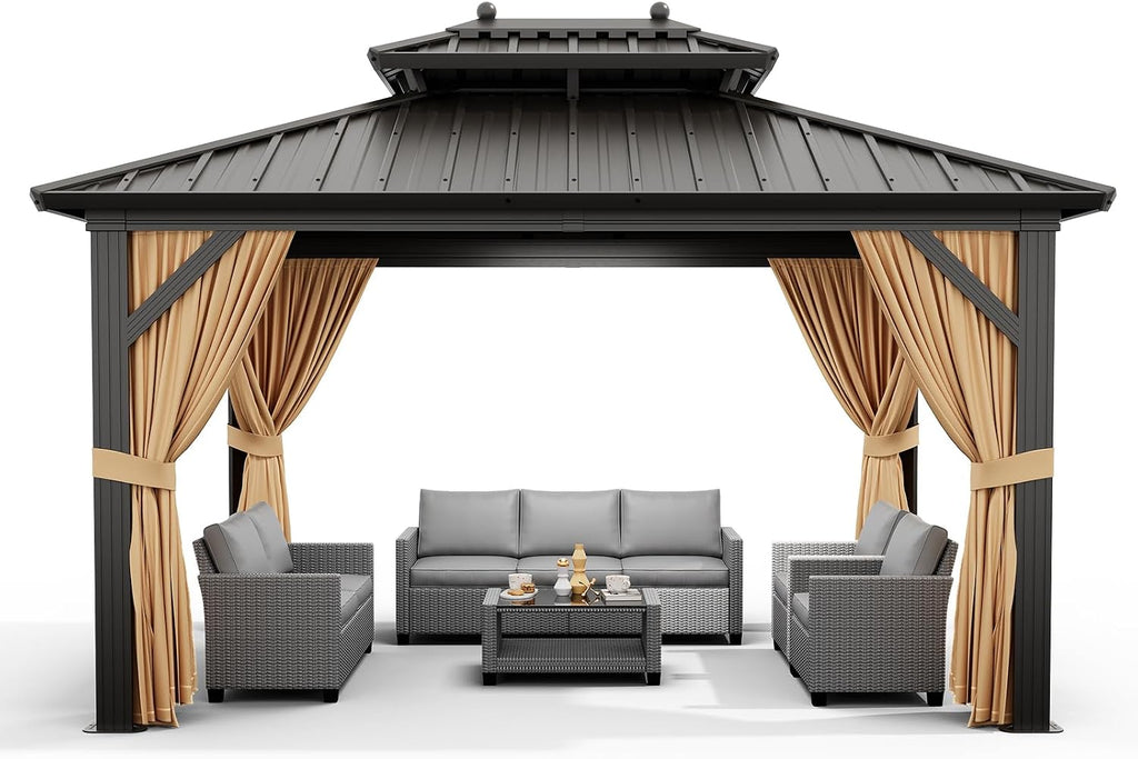 GarveeHome Outdoor Hardtop Gazebos 10 x 12 ft Permanent with High Strength Aluminum Frame, Double-Roof, Pavilion with Curtain and Netting for Patio, Lawn, Deck, Garden (Darkbrown, 10x12 ft)