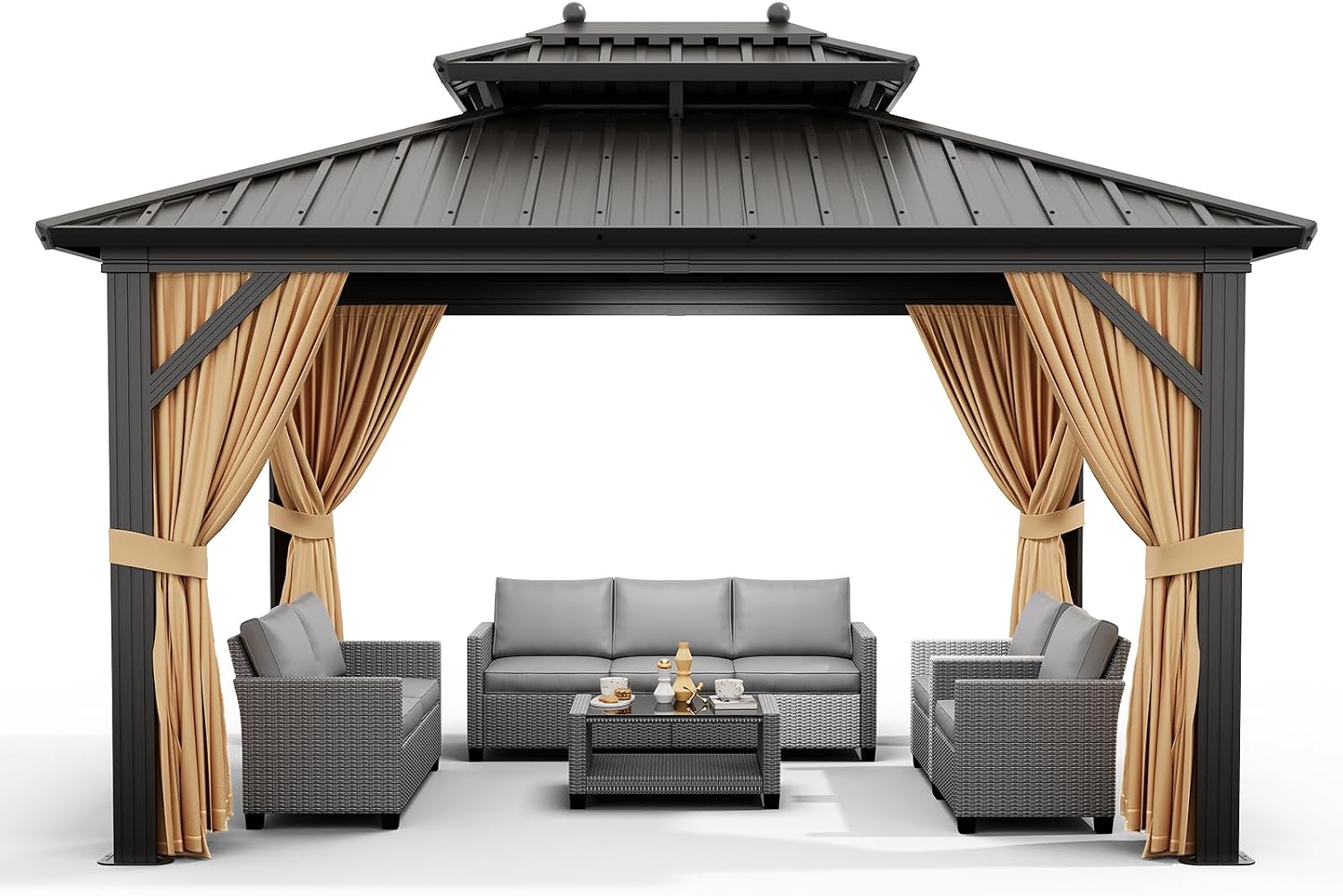 GarveeHome Outdoor Hardtop Gazebos 10 x 12 ft Permanent with High Strength Aluminum Frame, Double-Roof, Pavilion with Curtain and Netting for Patio, Lawn, Deck, Garden (Darkbrown, 10x12 ft)