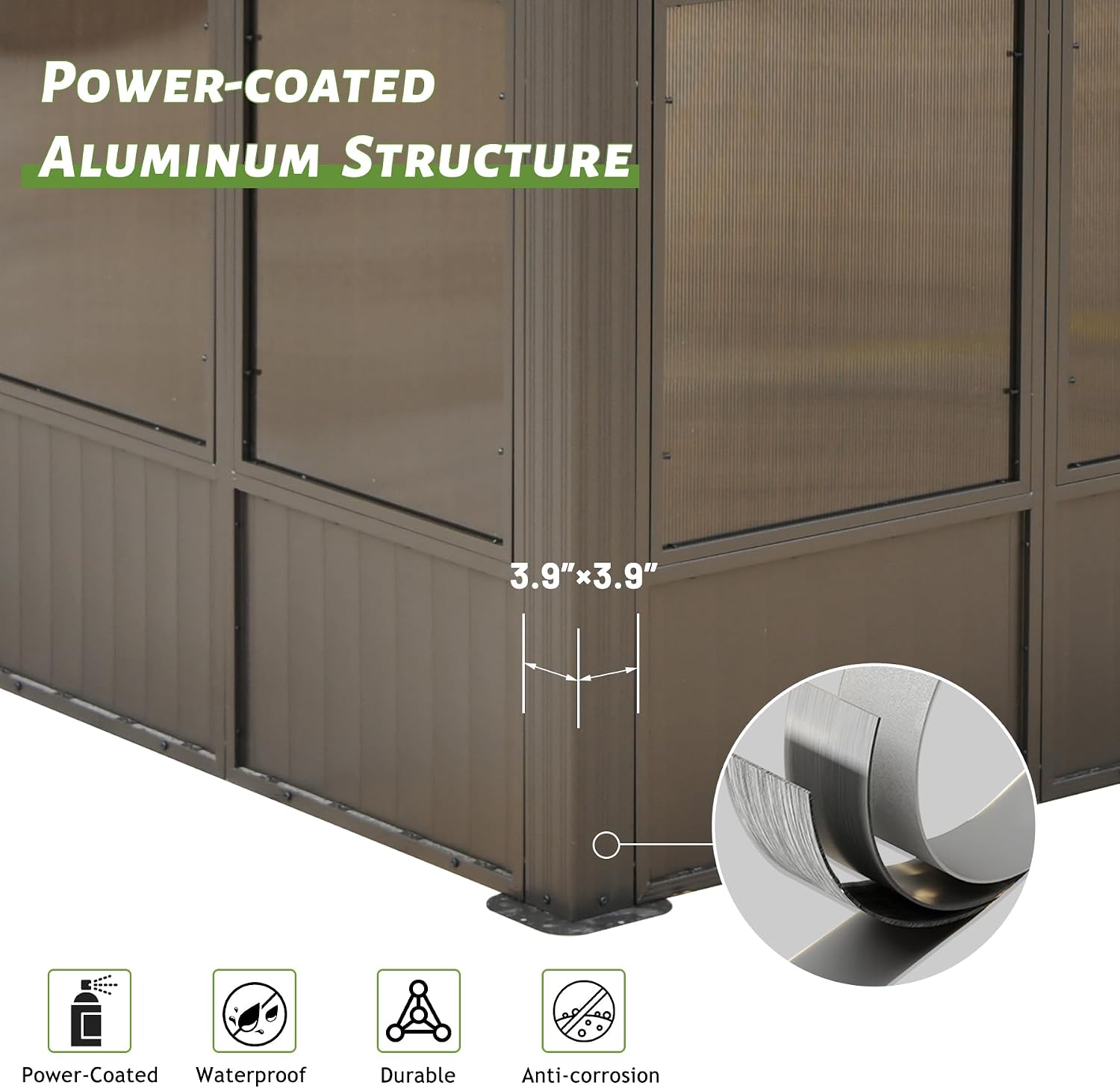 8x12FT Wall Mounted Sunroom Kit with 3 Sliding Double Doors (Front and 2 Sides), Patio Small Solarium All Season, Enclosed Lean to Gazebo with Galvanized Steel Roof and PC Windows for Backyard