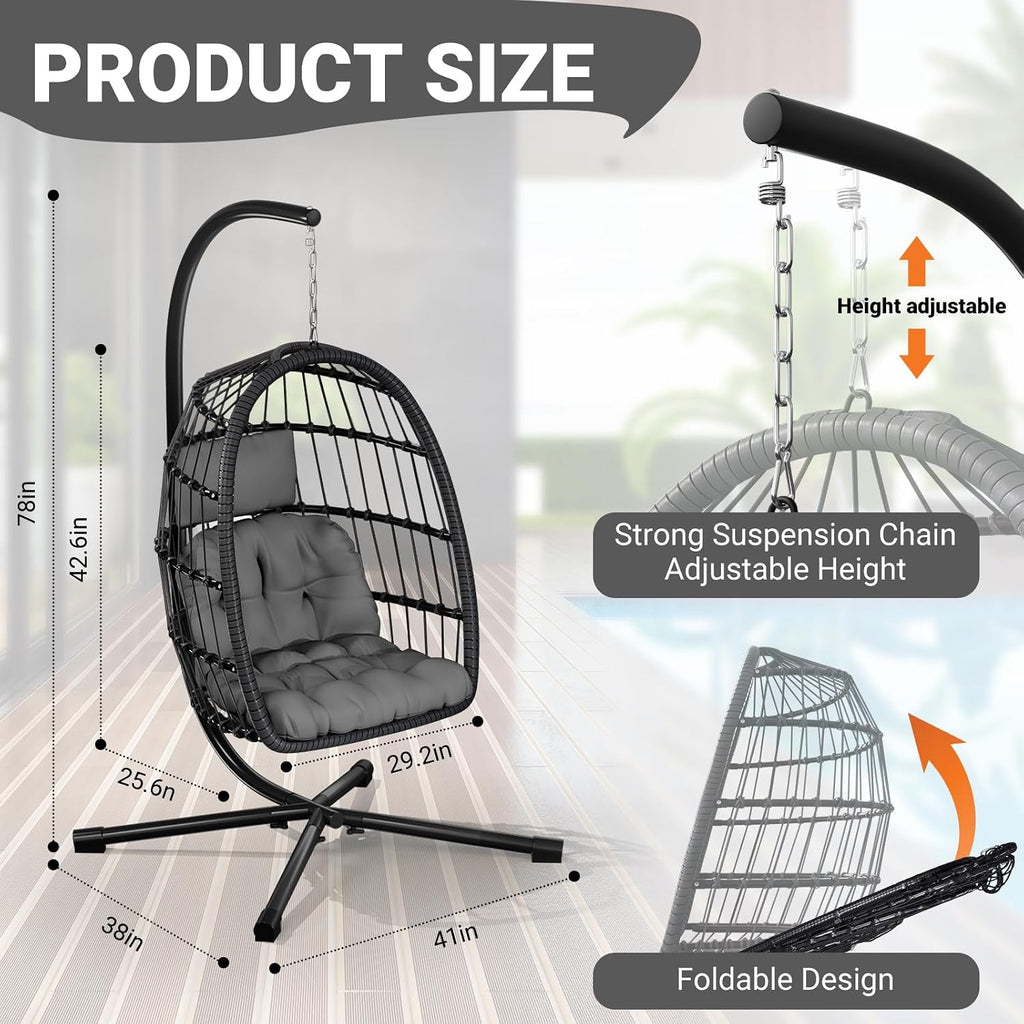LEVELEVE Egg Chair with Stand,Patio Rattan Wicker Hanging Swing Egg Chair Hammock Chair for Bedroom Porch Garden,Thickened Aluminum Alloy Steel Frame and UV Resistant Cushion,350LBS Capacity(Grey)