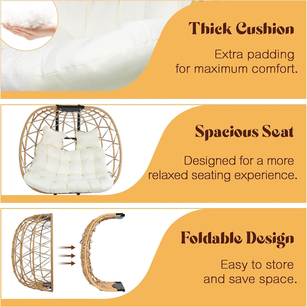 DoubleTT Double Swing Egg Chair with Stand, Oversized 2 Person Indoor Outdoor Wicker Patio Basket Hanging Chair with Beige Cushion 550 LBS Capacity for Bedroom Balcony