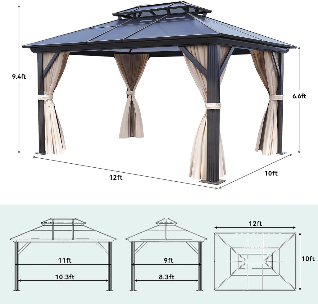 YITAHOME 10x12FT Hard-Top Double Roof Gazebo Canopy Outdoor with Netting and Shaded Curtains, Aluminum Frame Polycarbonate Hardtop Garden Tent for Patio, Backyard, Deck and Lawns, Brown