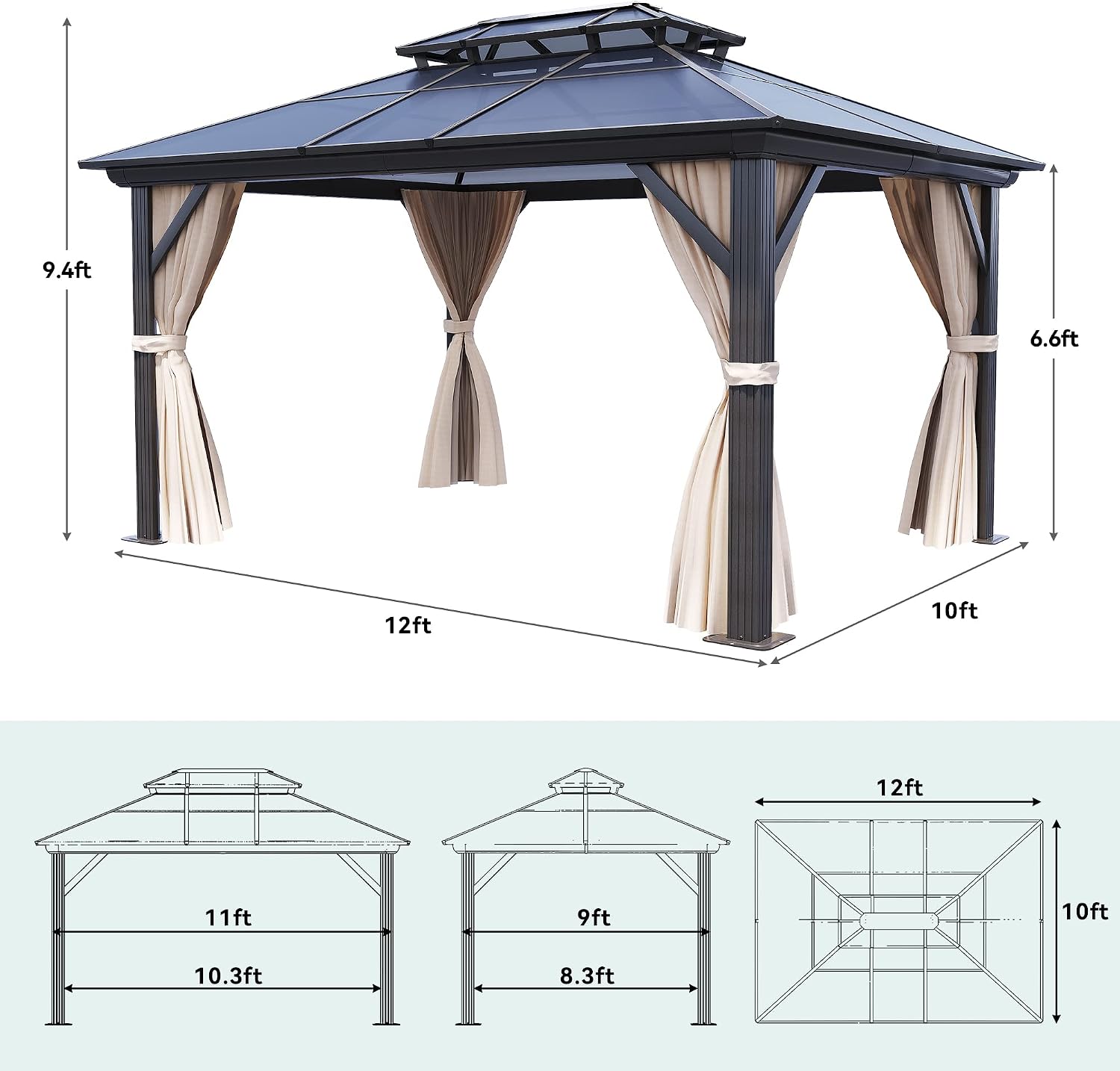 YITAHOME 10x12FT Hard-Top Double Roof Gazebo Canopy Outdoor with Netting and Shaded Curtains, Aluminum Frame Polycarbonate Hardtop Garden Tent for Patio, Backyard, Deck and Lawns, Brown