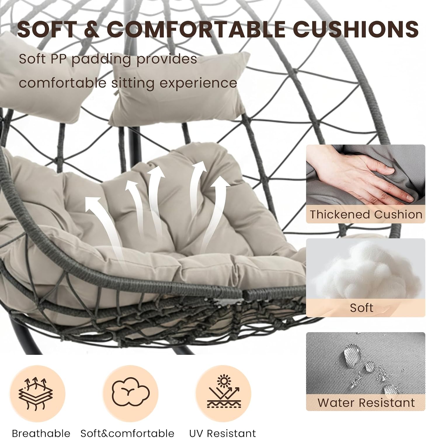 Egg Chair Indoor Outdoor, Foldable Hanging Egg Chair with Stand, Patio Swing Egg Chairs, UV Resistant Removable &Washable Thicken Padded Cushions, 700LBS Capacity for Bedroom
