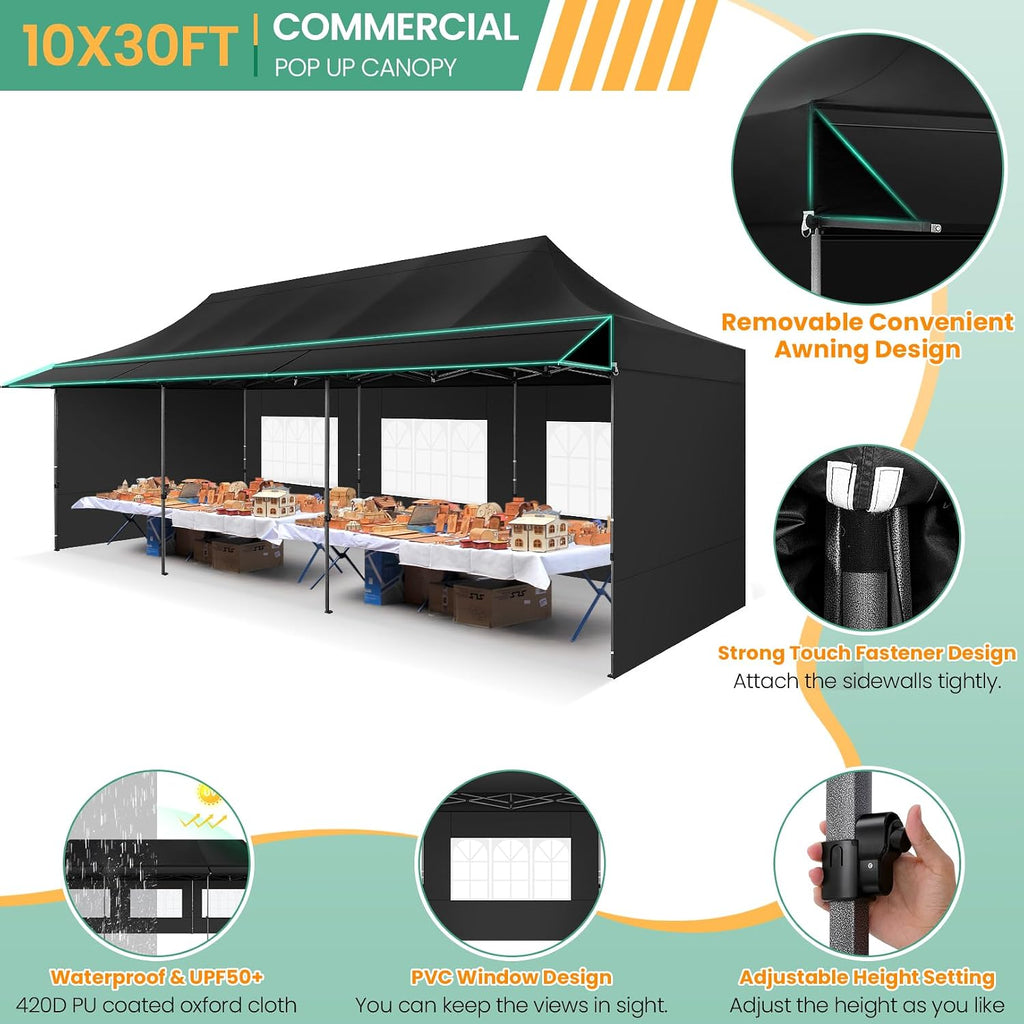 COBIZI 10x30 Pop Up Canopy Tent with Awning & Sidewalls, Heavy Duty Commercial 10X30 Canopy Tents Instant Waterproof, UPF 50+ Sun Shade for Outdoor, Parties, Markets (Black)