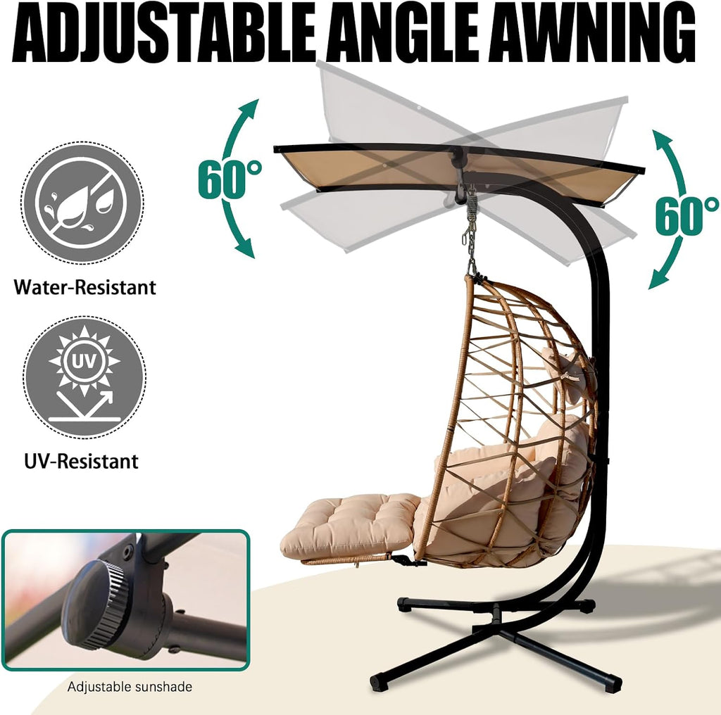 Double Egg Chair with Foldable Stand/Adjustable Canopy 2 Person Outdoor Hammock Swing Chair UV Resistant Removable Cushions for Outdoor Patio Balcony Garden (Beige)