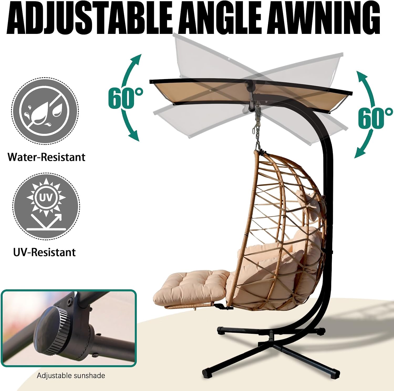 Double Egg Chair with Foldable Stand/Adjustable Canopy 2 Person Outdoor Hammock Swing Chair UV Resistant Removable Cushions for Outdoor Patio Balcony Garden (Beige)