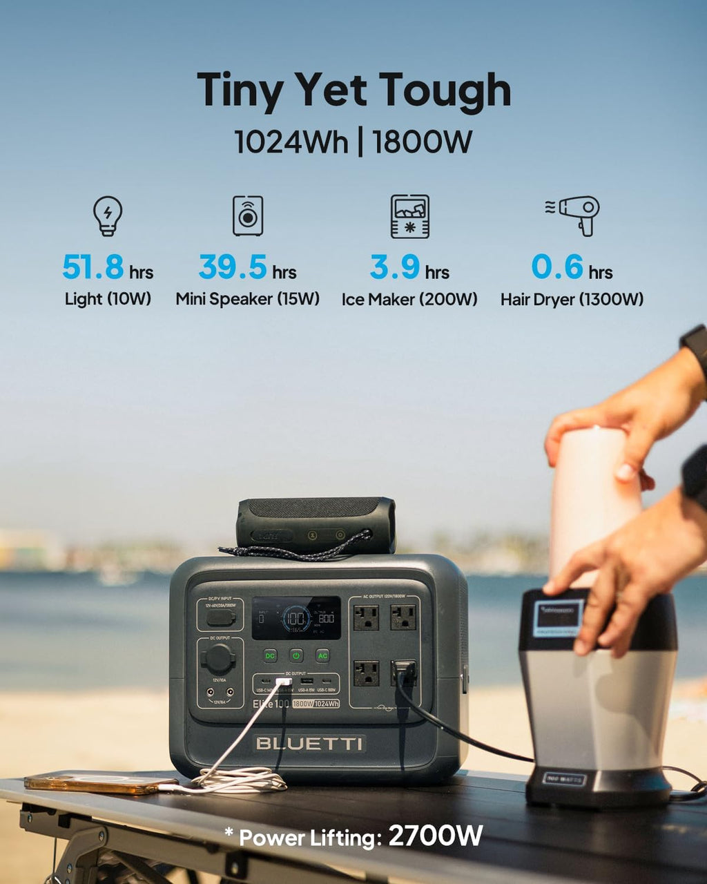BLUETTI Solar Generator Elite 100 V2 with 200W Solar Panel and Charger 1 (Ship Separately), 1024Wh Portable Power Station w/ 1800W Power, 560W DC-DC Car Charger, for Camping, Road Trips, RV (2025 New)