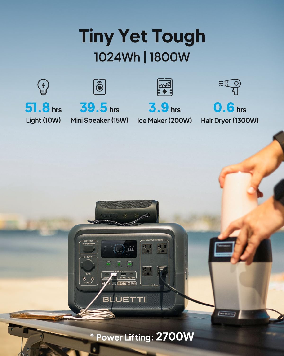 BLUETTI Solar Generator Elite 100 V2 with 200W Solar Panel and Charger 1 (Ship Separately), 1024Wh Portable Power Station w/ 1800W Power, 560W DC-DC Car Charger, for Camping, Road Trips, RV (2025 New)