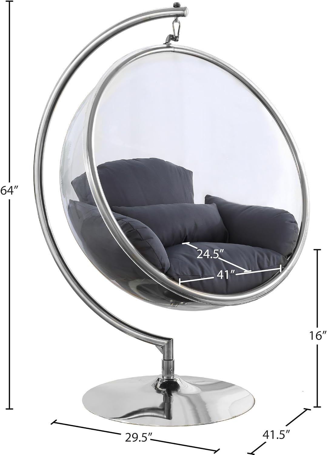 Meridian Furniture 507Grey Luna Collection Modern | Contemporary Clear Acrylic Accent Swing Chair with Durable Metal Base and Fabric Seat, Grey, Chrome Finish, 41.5' W x 29.5' D x 64' H