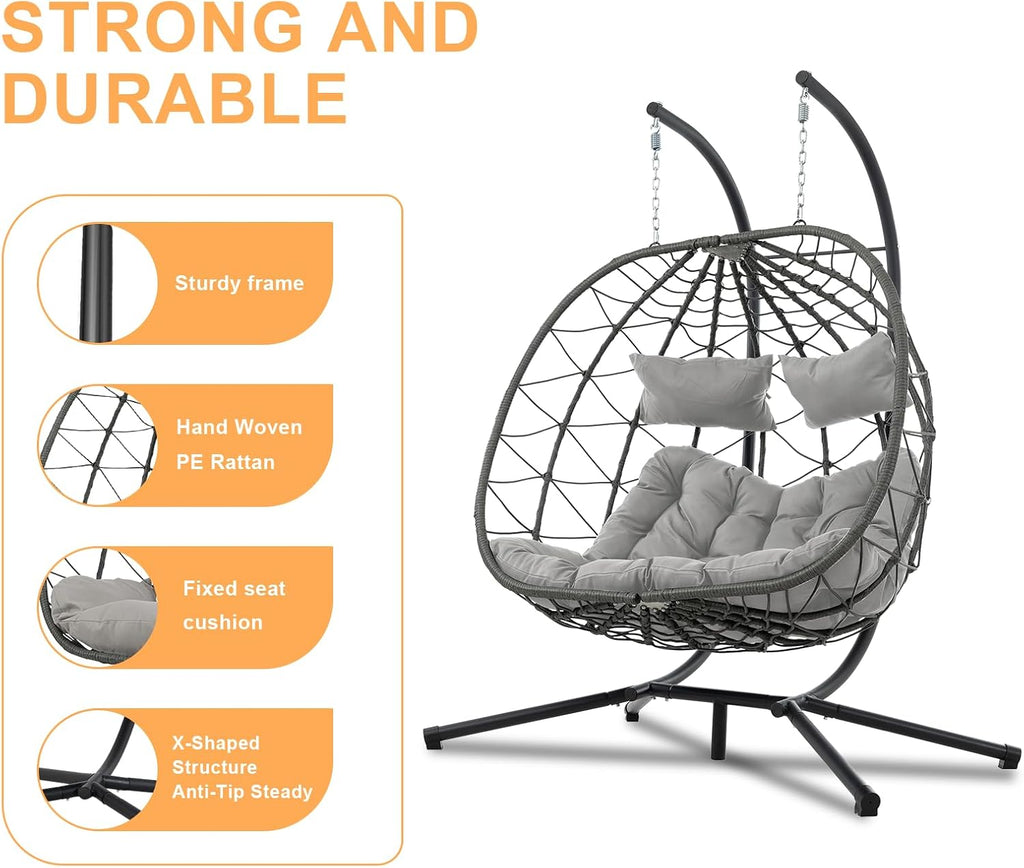 Double Egg Swing Chair with Stand, 2 Person Outdoor Indoor Hammock Hanging Chair with Cushion,Patio Wicker Hanging Egg Chair w/Cushion 700LBS Capacity for Bedroom, Balcony, Garden