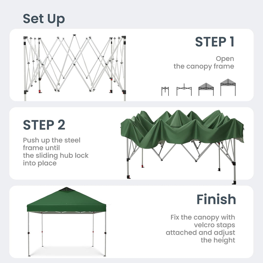 PHI VILLA Pop-up Canopy 10x10 Patio Tent Instant Gazebo Canopy with Wheeled Bag, Portable Lightweight Folding w/Adjustable Height,Green