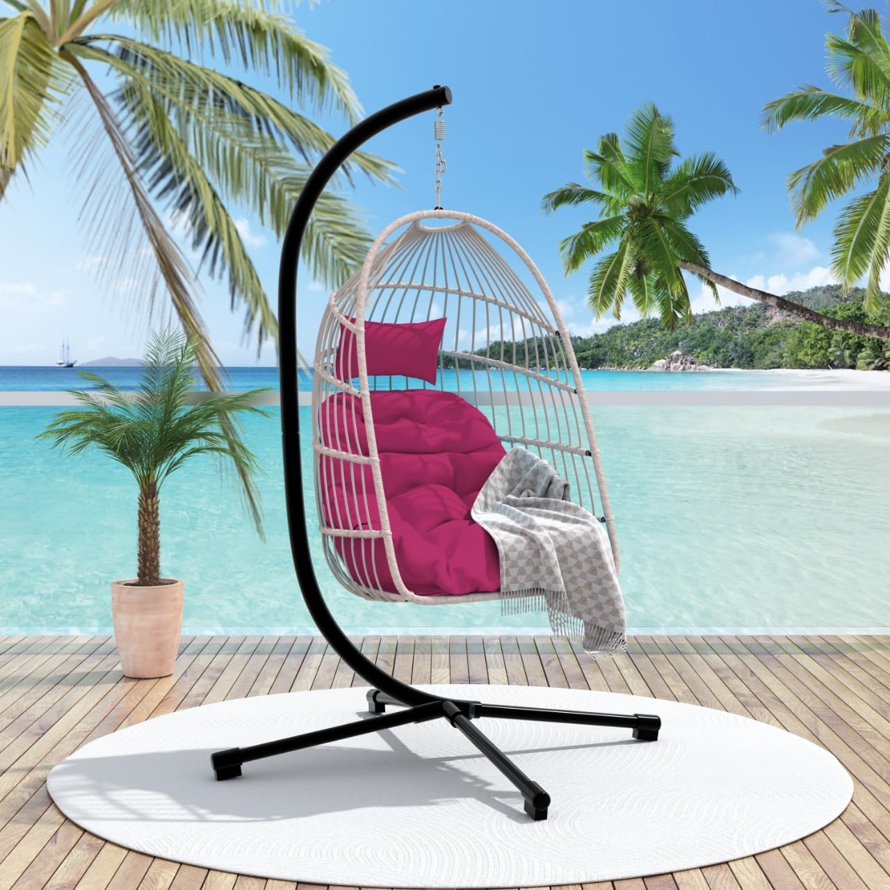 Egg Chair with Stand Outdoor Foldable Patio Wicker Hanging Swing Chairs for Bedroom Balcony with Cushions 350Lbs Indoor Lounge Basket All Weather Hammock Swinging Chair (Hot Pink)