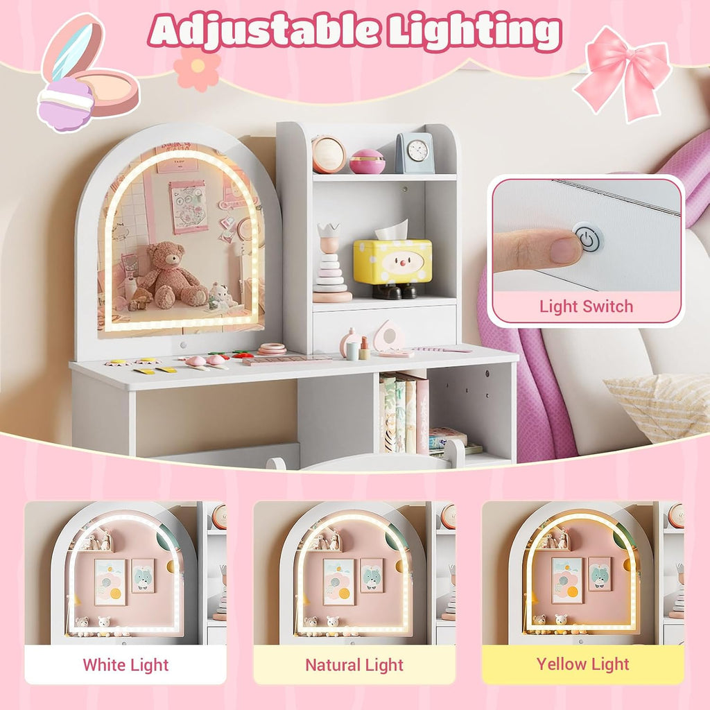 Costzon Kids Vanity with Lights, Girls Vanity Set with Mirror, Storage Drawer, Hooks & Shelves, Toddler Makeup Vanity Desk Dressing Table, Wooden Kids Vanity Table and Chair Set (White)