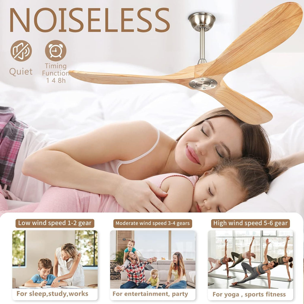 52' Ceiling Fans Without Lights, Solid Wood Ceiling Fan with Remote Control No Light, Modern Ceiling Fan with 3 Blades, Indoor Outdoor Ceiling Fans for Patios, Gazebo(Nature Wood)