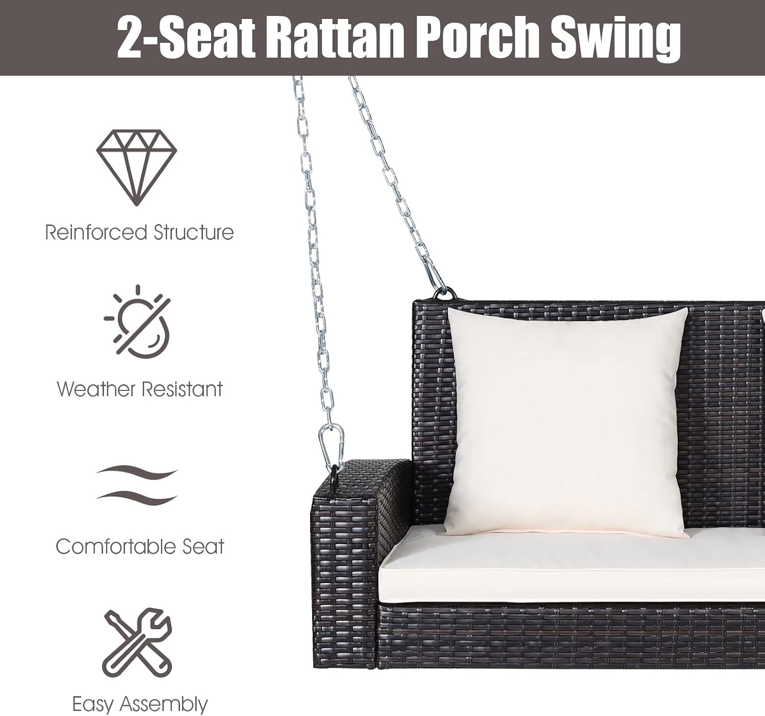 Tangkula 2-Person Wicker Porch Swing, Patiojoy Outdoor Rattan Hanging Swing Bench W/ 2 Back Cushions & 1 Seat Cushion, Sturdy Steel Chain, 800lbs Weight Capacity