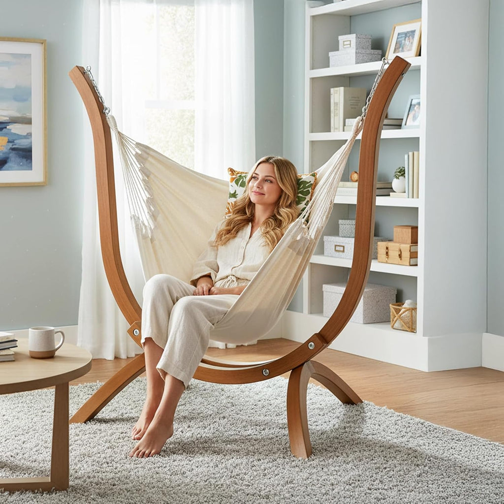 ONCLOUD 550 LBS Hand-Made Elegant Hammock Chair W/Stand, Premium Curved Wooden Hammock Stand w/Chair, One Comfy Cusion Included Hammock Set (Natural Wood)