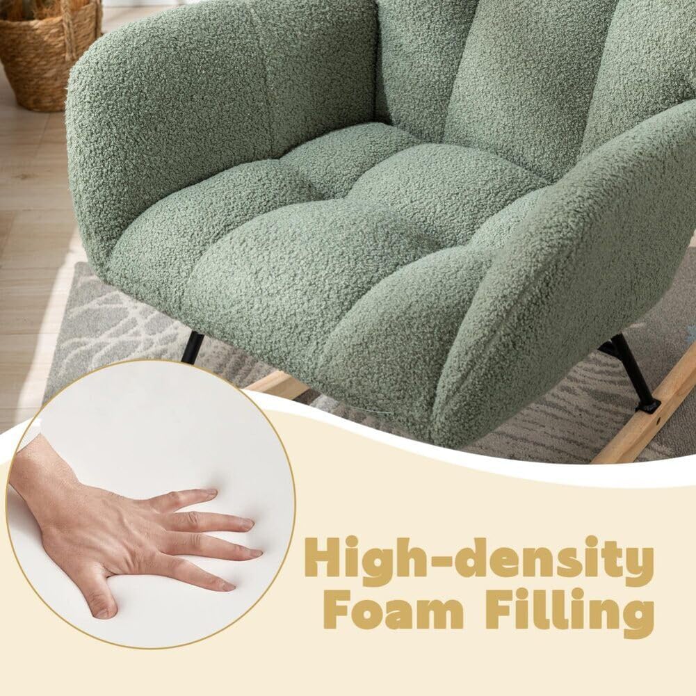 Nursery Rocking Chair Teddy Upholstered Glider Rocker Rocker Accent Chair with High Backrest Armchair Comfy Side Pocket Modern Rocking Accent Chairs for Living Room, Nursery, Office-Green