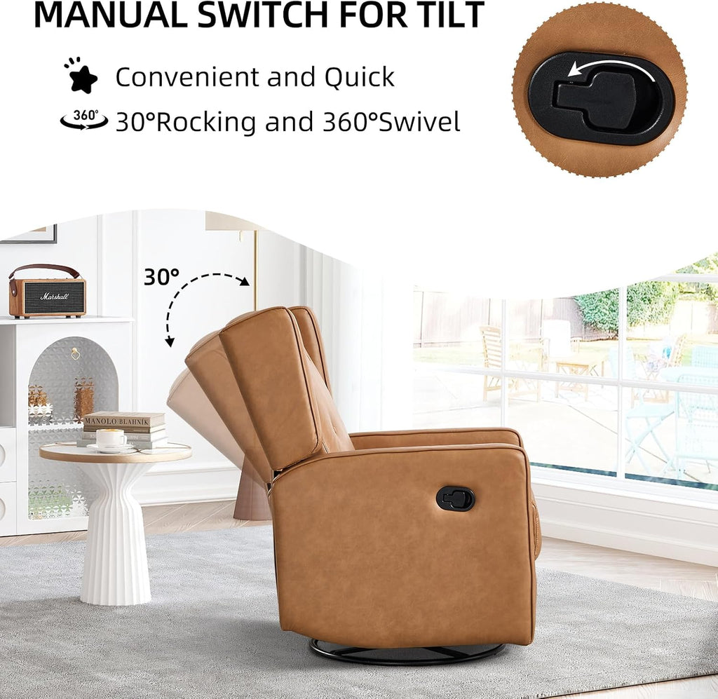 CANMOV Swivel Rocker Recliner Chair, Rocking Chair Nursery Glider Recliner, Manual Glider Chair for Nursery (Brown)