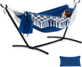PNAEUT Handmade Tassel Hammocks, Double Hammock with Stand for Outside Indoor Outdoor, Max 450 lbs Capacity, Pillow & Storage Bag (Navy)