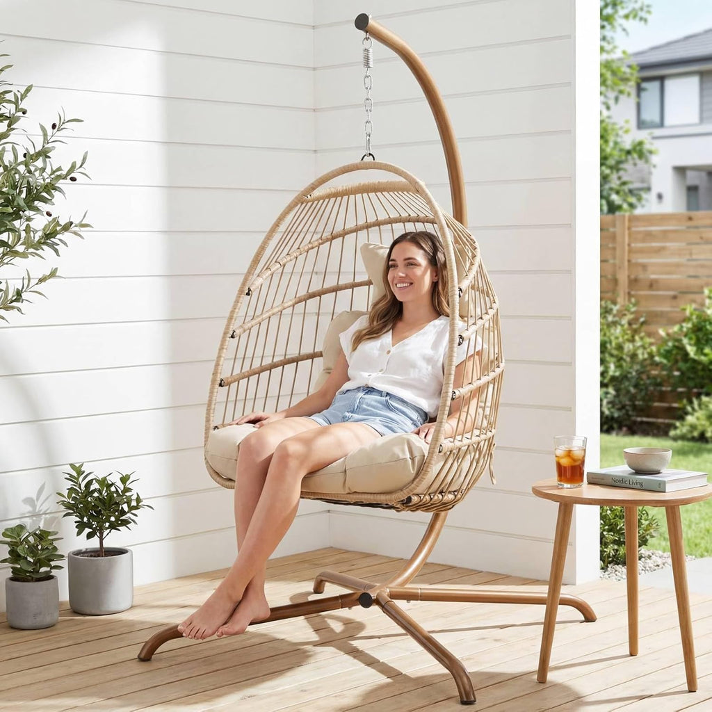 BULEXYARD Indoor Swinging Egg Chair with Stand, 350 Lbs Water-Resistant Wicker Hanging Hammock Chair with Comfy Cushion, Outdoor Heavy-Duty Eggshell Basket for Balcony Patio Bedroom Garden, Beige