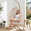 BULEXYARD Indoor Swinging Egg Chair with Stand, 350 Lbs Water-Resistant Wicker Hanging Hammock Chair with Comfy Cushion, Outdoor Heavy-Duty Eggshell Basket for Balcony Patio Bedroom Garden, Beige