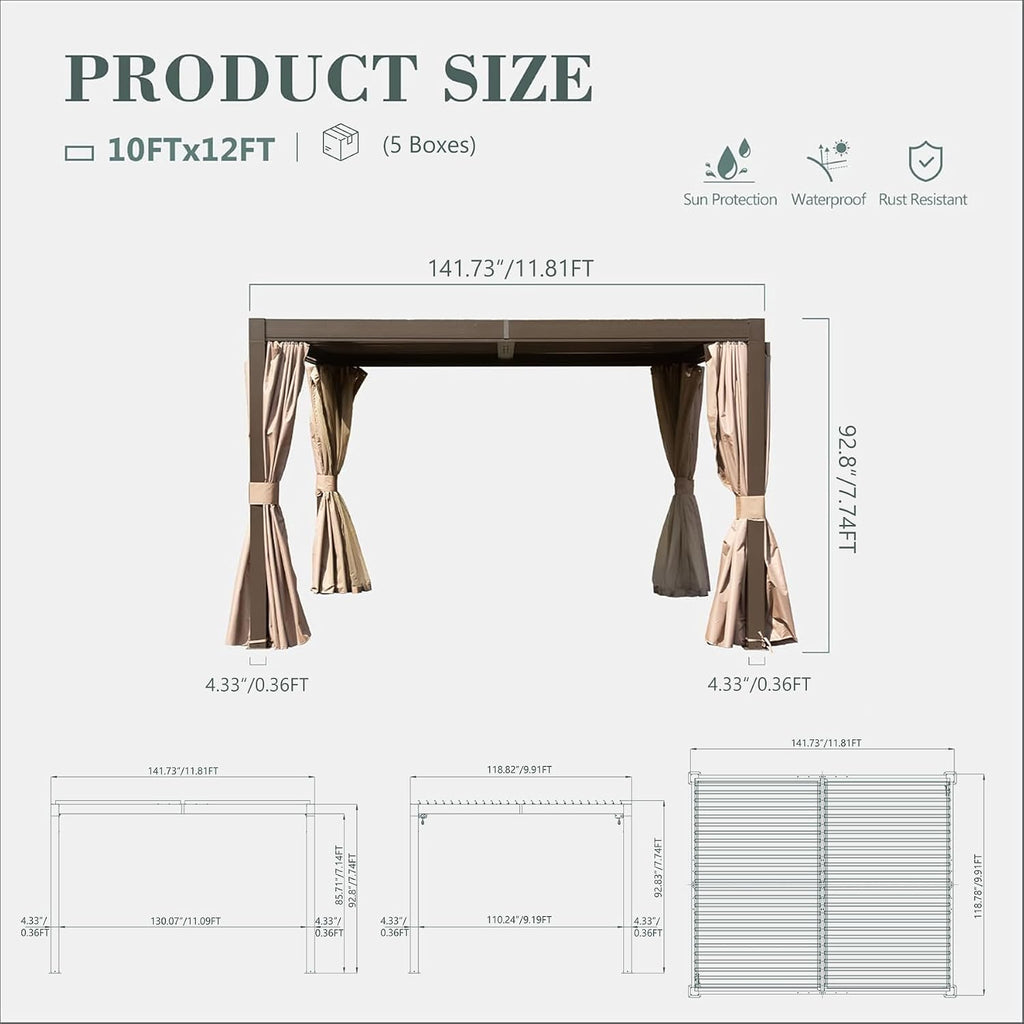 Domi 10x12FT Outdoor Louvered Pergola Full Aluminum Structure,Patio Pergola with Two Independently Adjustable Roof for Backyard, Sun Shade Gzebo with Gutter System for Garden Deck(Dark Brown)