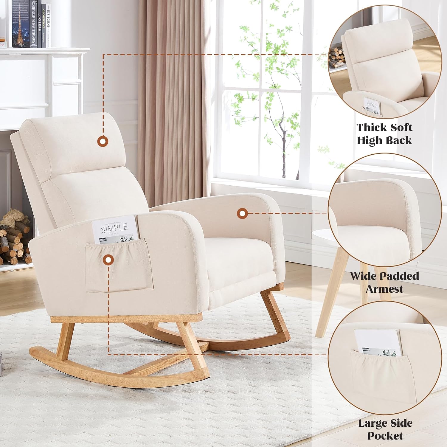 HCHAIRH Rocking Chair Nursery, Nursing Rocking Chairs with Foot Rest for Mom Nursery, Glider Rocker Chair with Footrest and High Backrest for Living Room, Bedroom, Beige