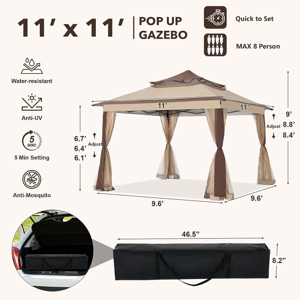 COOSHADE 11x11 Pop Up Gazebo Tent Outdoor Canopy Patio Shelter with Mosquito Netting(Beige)